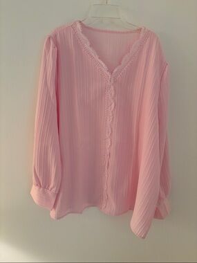 Pink V-Neck Lace Trim Blouse - Women's Top